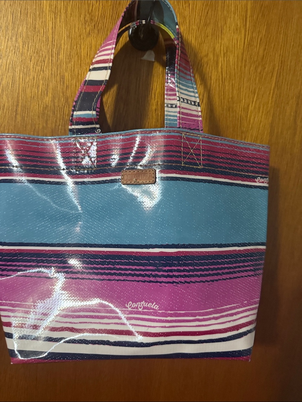 Consuela Pink, Light Blue & White Striped Coated Tote